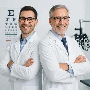 Two male optometrists in lab coats and glasses are smiling and standing together in an office.