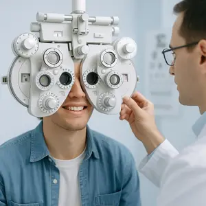 A man getting his eyes checked by a doctor using an eye exam machine.