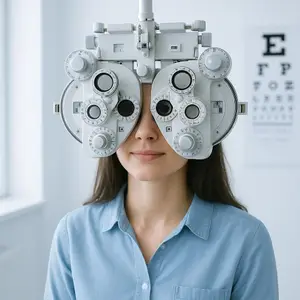 A woman wearing a blue shirt is looking through an eye examination machine.