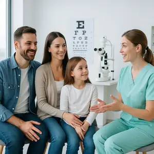 A young girl with her parents and a doctor is sitting on a chair in a clinic and they are all smiling.