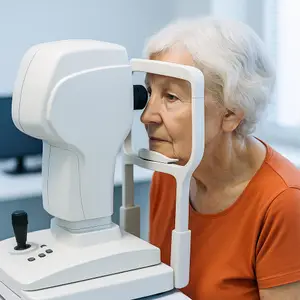 An elderly woman wearing an orange shirt is having her eye examined by a machine in a room.