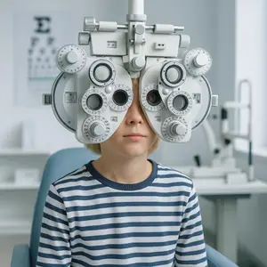 A young boy with blonde hair is wearing an eye testing machine in a medical clinic.