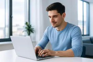 Man sitting in front of a laptop on a desk with a plant and window in the background.