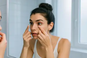 A woman is putting in a contact lens in front of a mirror.