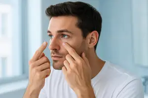 A man wearing a white t-shirt is examining his eye while holding a contact lens.