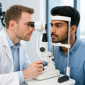 A man in a lab coat examining another man's eye with a medical device.
