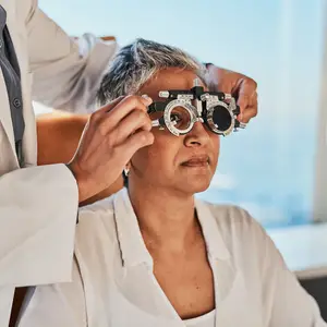 A woman in a white coat is having her vision tested by a doctor wearing a white coat and holding a phoropter.