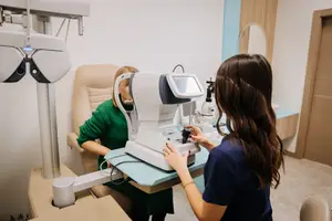 A woman is examining a patient's eyes with an ophthalmoscope.