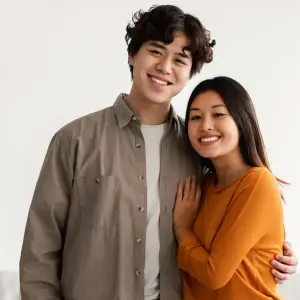 A young couple posing for a photo with a white background