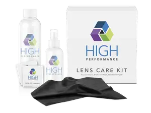 High Performance Lens Care Kit contains a lens cleaner, lens wipes, and microfiber cloth.
