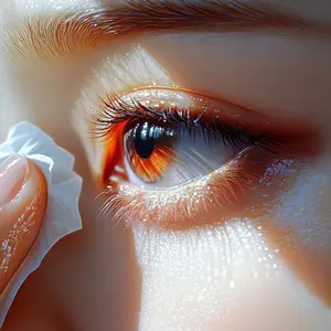 Close-up of a person's eye with a tissue being used to wipe away tears.