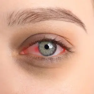 Close-up of a person's eye with a red and irritated sclera.