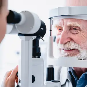 An elderly man is smiling while getting his eye examined by a medical professional using an ophthalmoscope.
