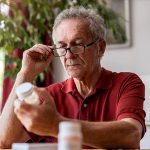 An older man in a red polo shirt is looking at a bottle of pills in his hand.