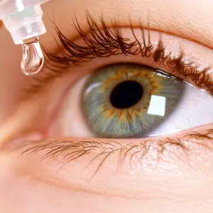 A close-up view of a person's eye with a drop of medicine being applied