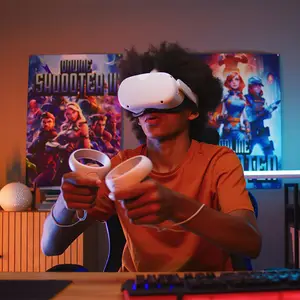 A boy wearing a virtual reality headset and holding game controllers while playing a video game.