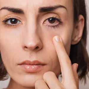 woman with her finger on her eye looking into the camera