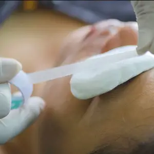 A person wearing gloves and applying tape to another person's face for a procedure