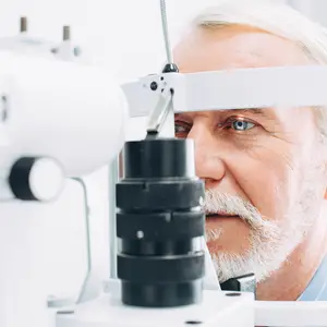 An older man wearing glasses is looking into an eye exam machine