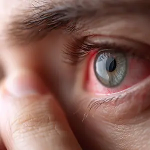 Close up of a person's eye with a red tinge to the sclera