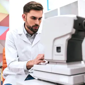 Man in a white lab coat using an eye examination machine
