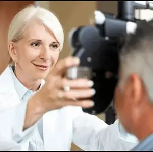 An optometrist is examining a patient's eye with a magnifying glass