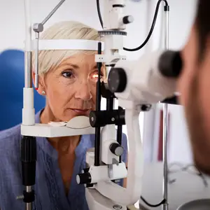 An older woman is using an ophthalmoscope in an eye clinic while another person watches.