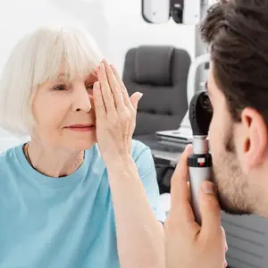 An older woman has her eye examined by a man using a magnifying glass