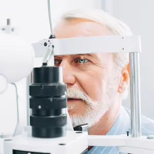 An older man with white hair and a beard is looking through an eye examination machine.