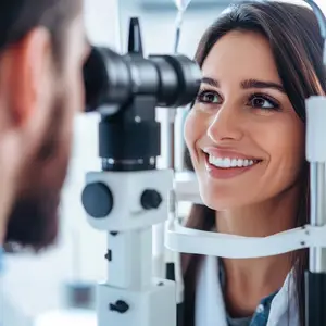 A woman is getting her eyes checked by a doctor wearing a white coat.