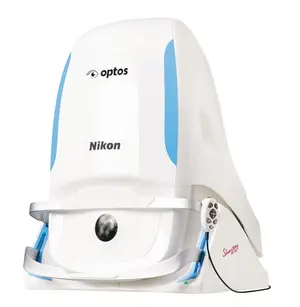 Nikon Optos Ultra-Widefield Retinal Imaging System with Blue Accents on a White Background