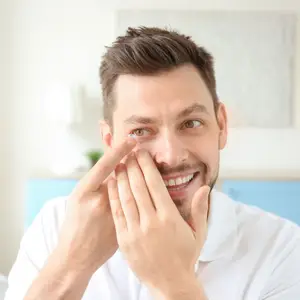 A smiling man wearing a white shirt and touching his eye, possibly trying to insert a contact lens, with a blue cabinet and a potted plant behind him, and a white wall in the background.