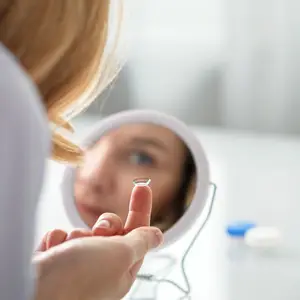 Woman examining a contact lens in a mirror