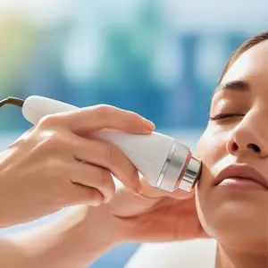 A woman is getting her face treated with a white electronic device by a person in a salon.