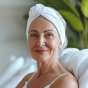 Portrait of an elderly woman with white hair and a towel on her head smiling at the camera