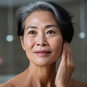 An older woman with gray hair is touching her face with a smiling face and posing for a photo.
