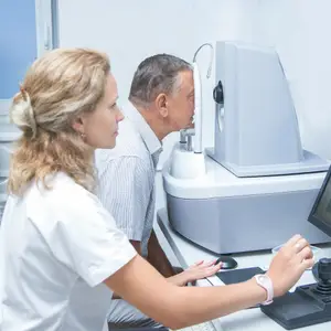 An elderly man getting an eye test by a woman wearing a white shirt and a pink watch