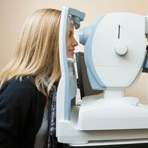 A woman is getting her eyes checked with a machine in an eye clinic.