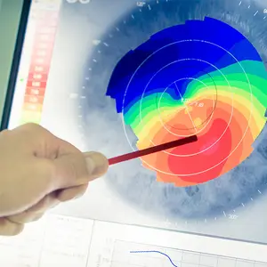 A person examining a detailed color-coded eye scan on a monitor screen