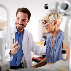 A man and woman in a medical setting, the woman wearing goggles and smiling, the man wearing a white lab coat and smiling.