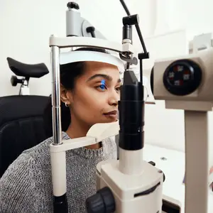 A woman is sitting on a chair and looking into an ophthalmoscope in an optometrist's office.