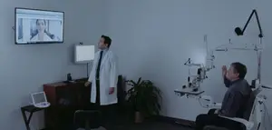 A man in a lab coat stands in front of a monitor, another man in a chair is facing him, both seem to be engaged in a discussion. A monitor is mounted on the wall, a plant is in the corner, a desk is placed behind the standing man, and a medical device is mounted on the wall. The room is well-lit.