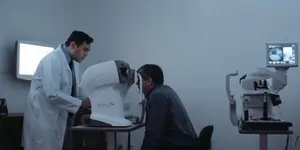 A doctor is examining a patient's eyes with a machine in an eye clinic.