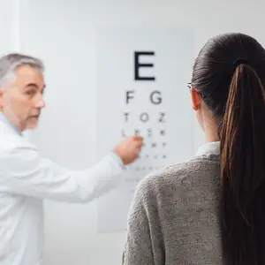 An eye doctor is showing a female patient the eye chart while she looks at it.