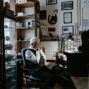 An older man sits in a blue chair in front of a desk with an antique printing press, his hands covering his face as he gazes down. There is a wooden shelf and glass cabinet behind him, with a variety of items displayed, and framed pictures and a horseshoe on the wall.