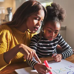 A mother and daughter are doing homework together at a table in the kitchen