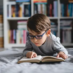 A young boy is reading a book on a bed while wearing glasses.