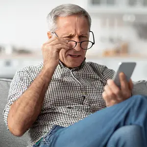 old man with glasses holding phone and squinting his eyes