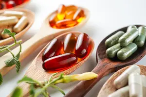 A collection of herbal supplements in wooden spoons with various colors and types of pills, including red, yellow, green, and white capsules, and a plant with leaves on the left side.
