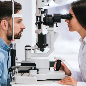A man with a beard and a woman wearing a lab coat and eyeglasses are examining his eyes using an ophthalmoscope